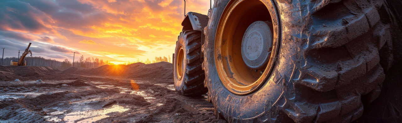Close-up of truck tires in the mud at sunset